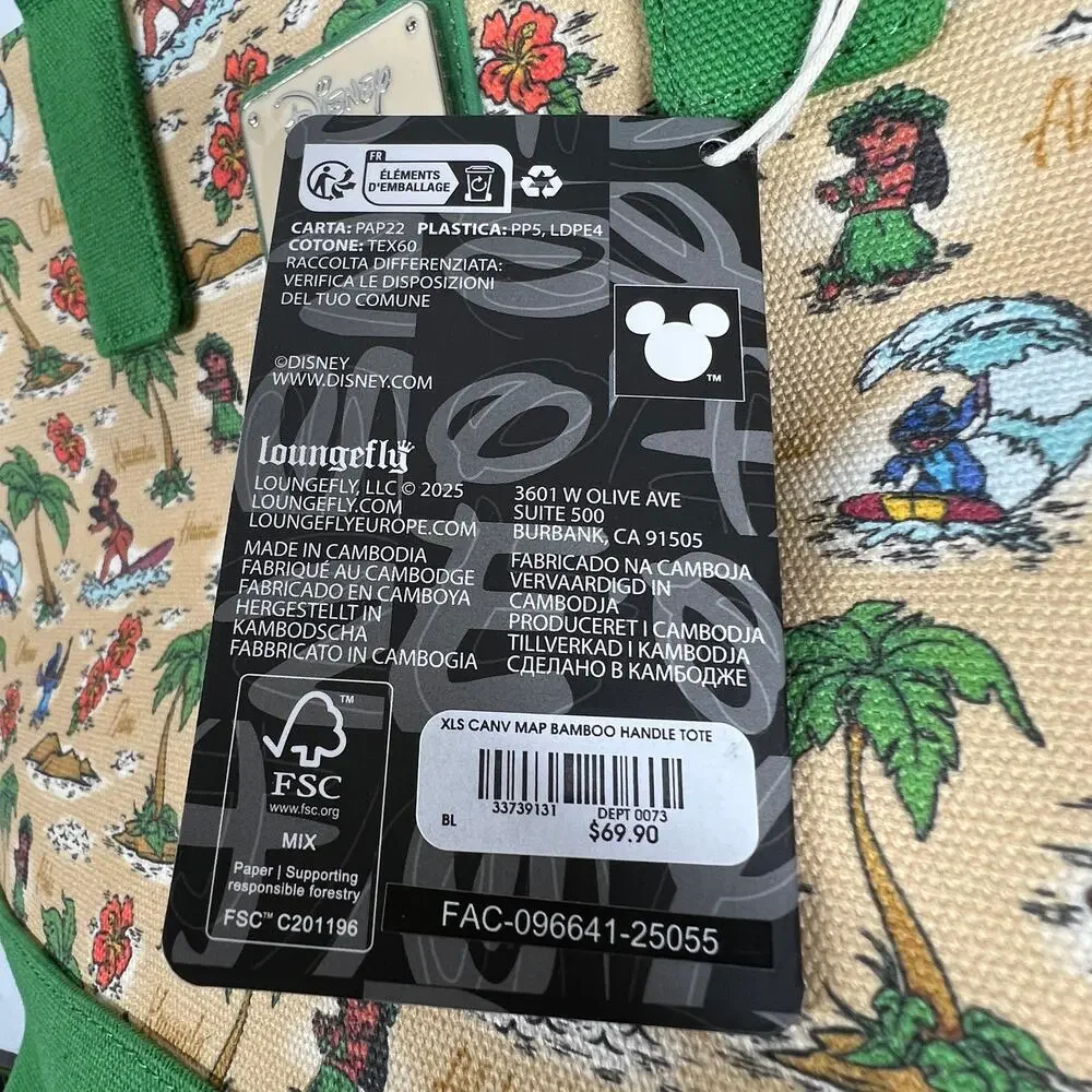 LOUNGEFLY Disney Lilo Stitch Canvas Tote Bag Aloha Map Bamboo Handle Green NWT